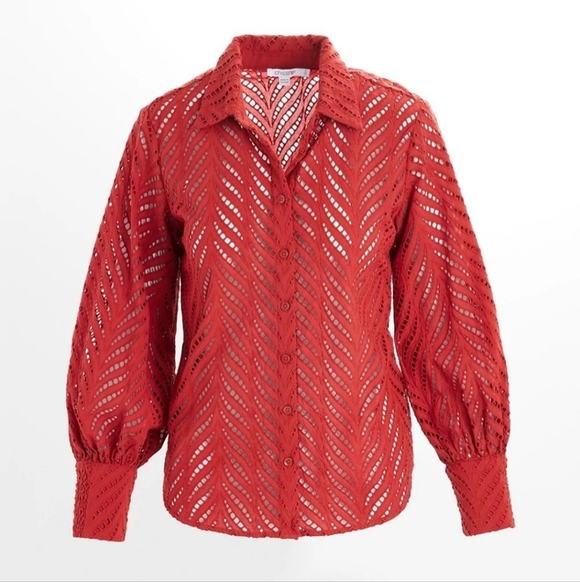 Chico's Womem's Rustic Red Bohemian Poplin Cutwork Button-Up Shirt. Size 3/XL - Picture 4 of 12